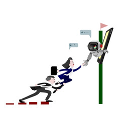 Business person are jumping and connecting with robots to help achieve their goals.Artificial intelligence assistance service for work and earning income for business.Smart application on mobile.