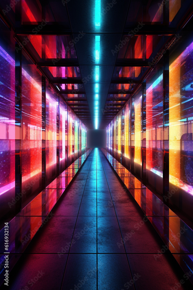 Leinwandbilder an architectural photograph of a tunnel with glass panels embedded with colored lights, creating a c
