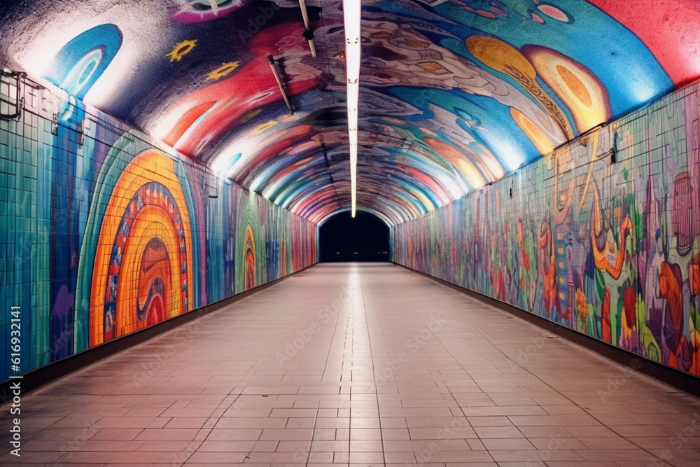 Poster a photograph of a tunnel with walls covered in large-scale colorful murals, showcasing the creativit