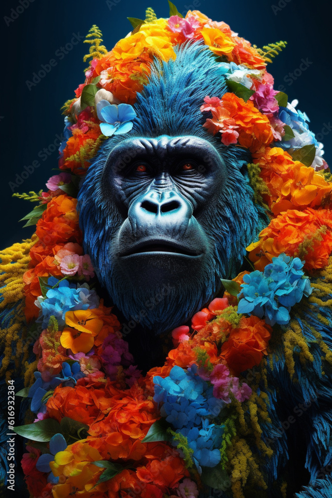 Poster A conceptual image of a Gorilla made from unconventional materials, such as flowers or feathers, challenging the perception of Gorilla as solely utilitarian objects.  Generative AI technology.