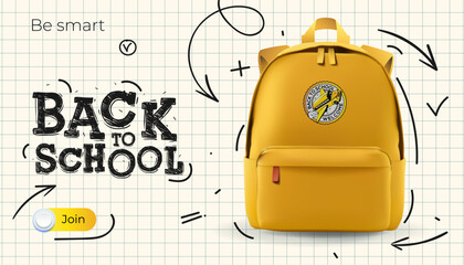 Back to School web template. Yellow school bag, checkered paper background with doodle drawing - obrazy, fototapety, plakaty