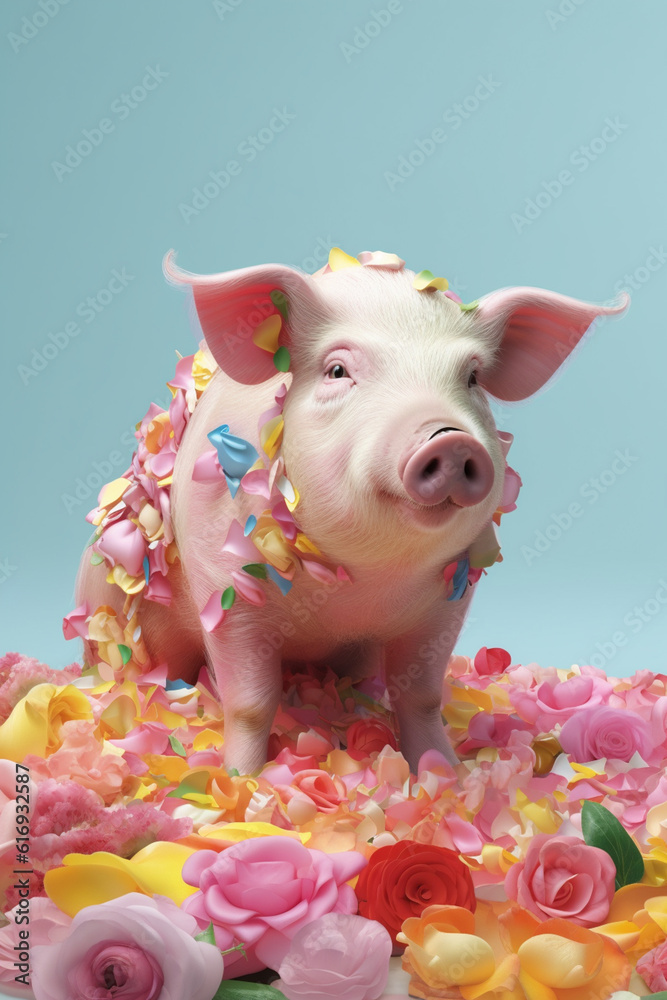 Poster A conceptual image of a Pig made from unconventional materials, such as flowers or feathers, challenging the perception of Pig as solely utilitarian objects.  Generative AI technology.