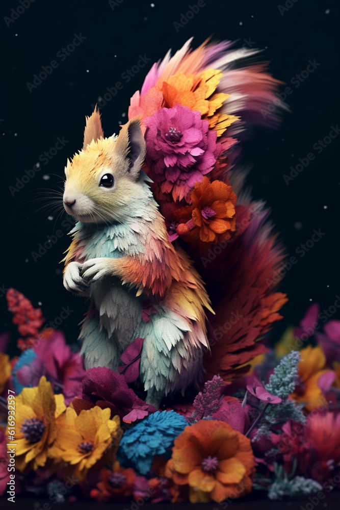 Wall mural A conceptual image of a Squirrel made from unconventional materials, such as flowers or feathers, challenging the perception of Squirrel as solely utilitarian objects.  Generative AI technology.