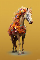 Obraz na płótnie Canvas A conceptual image of a Horse made from unconventional materials, such as flowers or feathers, challenging the perception of Horse as solely utilitarian objects. Generative AI technology.