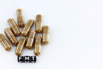 Fecal transplant or fecal matter transplant (FMT). Pills or medicines with fecal microbiota to cure persistent digestive diseases such as infection by Clostridium bacteria