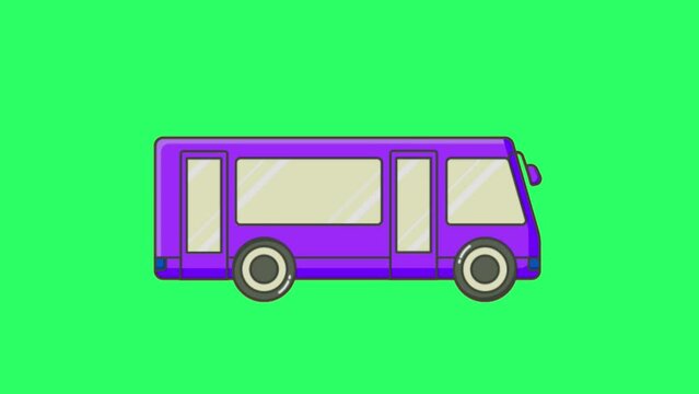 Animation purple bus on green background.