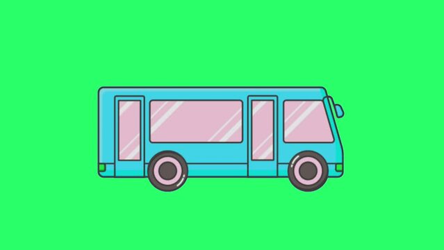 Animation blue bus on green background.