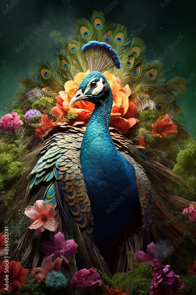 Poster A conceptual image of a Peacock made from unconventional materials, such as flowers or feathers, challenging the perception of Peacock as solely utilitarian objects.  Generative AI technology.