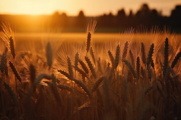 Wheat field. Ears of golden wheat close up. Beautiful nature sunset landscape
