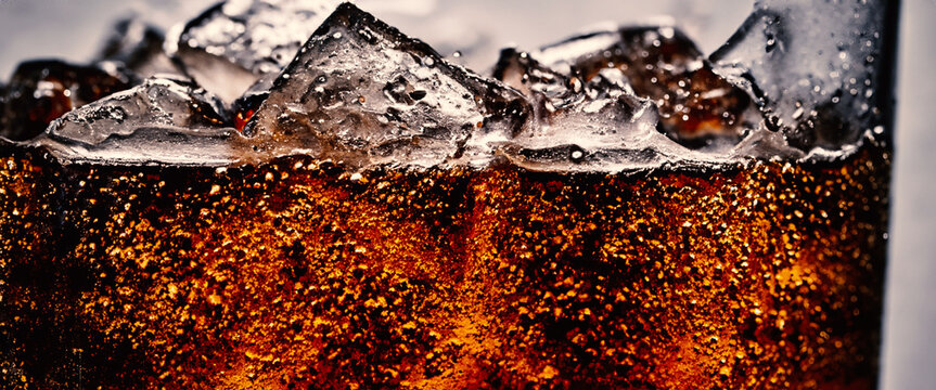 Splashing of Cola and Ice. Cola soda and ice splashing fizzing or floating up to top of surface. Close up of ice in cola water. Texture of carbonate drink with bubbles in glass. Cold drink background