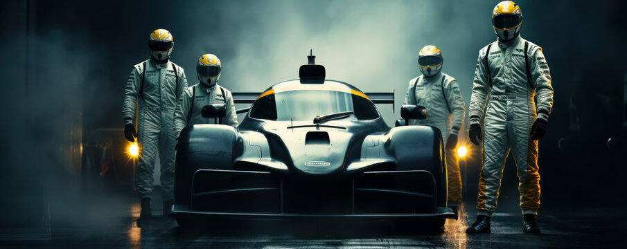 During a pitstop in a car race, a professional pit crew is prepared for action as their team's race car enters the pit lane, demonstrating the pinnacle of collaboration. 