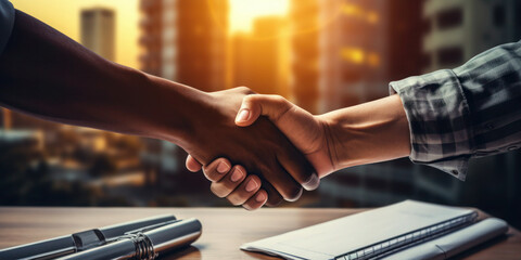 After concluding an agreement in the office construction site, architect and engineer construction workers shake hands in an effort to promote teamwork and cooperation. 