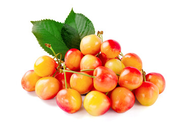 Group of yellow sweet cherries on white background