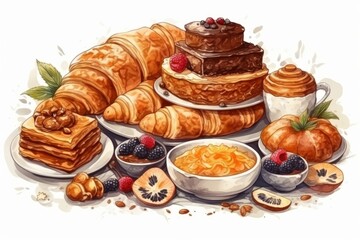 Obraz na płótnie Canvas Baked bread products - bun, muffin, croissant with fruits. Breakfast, baking, desserts, food concept. Generative AI