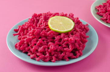 Beetroot Pasta, Barbie Themed Pasta, Trendy Recipe on Pink Background