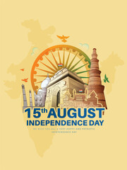 vector illustration of Independence Day of India, for 76th Independence Day of India with indian monuments sketch and Creative National Tricolor Indian flag design and flying pigeon.