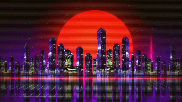 Neon retro city background. Futuristic city 80s 90s in style synthwave, Cyberpunk, retrowave, vhs glitch, computer game. 
