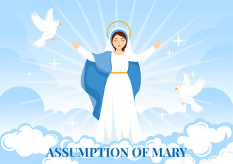 Assumption of Mary Vector Illustration with Feast of the Blessed Virgin and Doves in Heaven in Flat Cartoon Hand Drawn Background Templates - obrazy, fototapety, plakaty