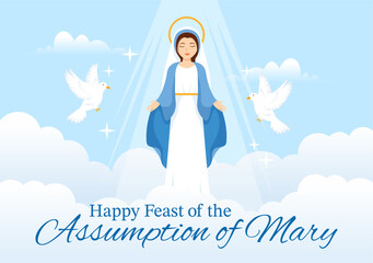 Assumption of Mary Vector Illustration with Feast of the Blessed Virgin and Doves in Heaven in Flat Cartoon Hand Drawn Background Templates