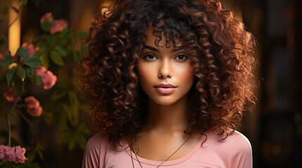 beautiful african american woman with afro curly hairstyle. Generative AI.
