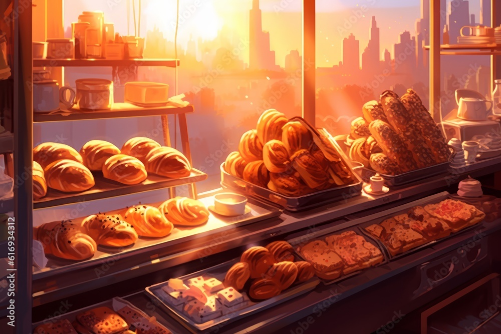 Wall mural Shop interior. Bakery counter with fresh pastry. Breakfast, desserts, baking and food concept. Generative AI