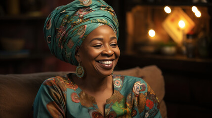 Obraz premium Portrait of senior african american woman in turban smiling. Generative AI.