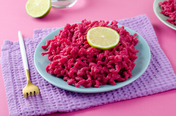 Beetroot Pasta, Barbie Themed Pasta, Trendy Recipe on Pink Background