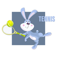 Cute hare. Bunny tennis player. Vector rabbit with racket, tennis ball plays tennis. Cartoon animal 