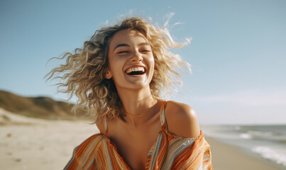 Young laughing woman on beach summer holiday, sunkissed smiling, wind in her hair travel lifestyle fun AI generated