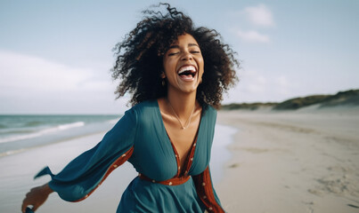 Happy laughing black woman on beach smiling laughing on summer holiday vacation travel lifestyle freedom fun made with AI - 616934589