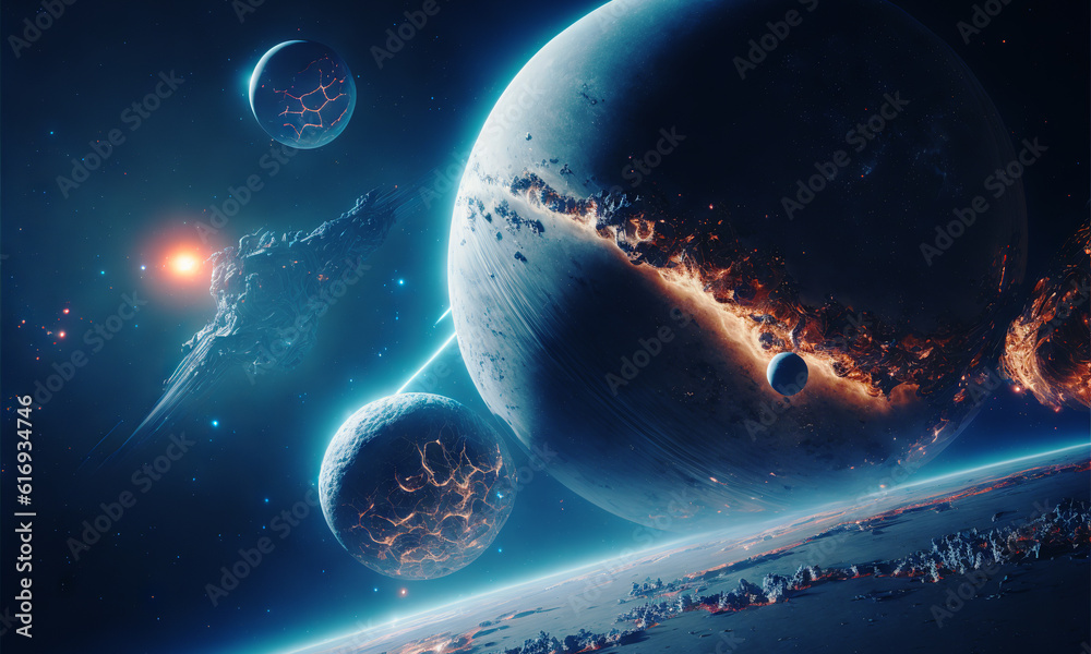 Poster space planets background. distant planetscape in cosmos with exoplanets. concept art generative ai