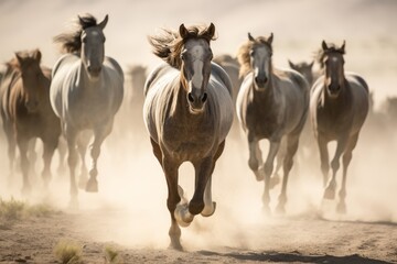 Herd of wild mustang horses galloping wildly in nature - obrazy, fototapety, plakaty