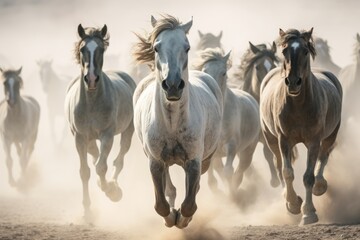 Fototapeta na wymiar Herd of wild mustang horses galloping wildly in nature. Generative AI 3