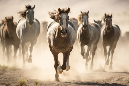 Herd of wild mustang horses galloping wildly in nature