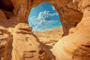 Arch in the rock. Desert natural landscape. Timna Park. Israel