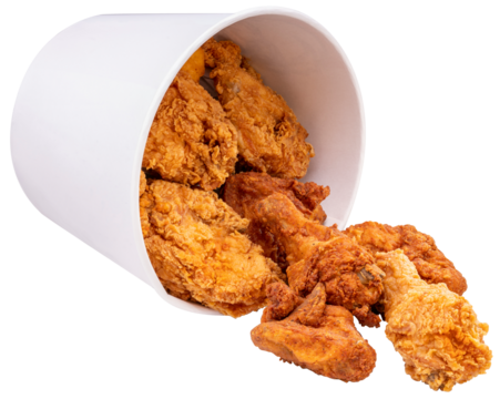 Fried chicken on white bucket With clipping path, Fried chicken on paper box for delivery  PNG File..
