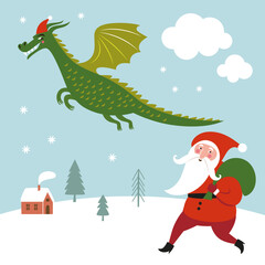 Cute flying Dragon and Santa. Christmas illustration.New Year of the green Dragon on the eastern calendar. Greeting card