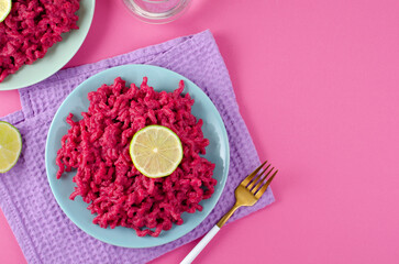 Beetroot Pasta, Barbie Themed Pasta, Trendy Recipe on Pink Background