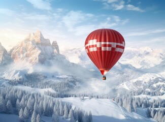 Colorful hot-air balloon flying over snowcapped mountain. Created with Generative AI technology.