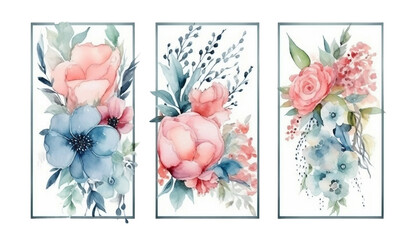 Watercolor bouquets, for invitation cards, wedding invitations, fashion backgrounds, DIY textures, greeting cards, wallpaper designs, wedding stationary sets, DIY wrappers, Generative ai