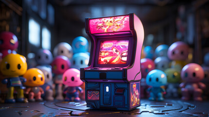 Retro video game arcade machine in middle of little monsters 90s style