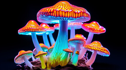 Fluorescent mushroom in psychedelic colors isolated on black background