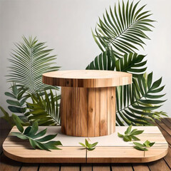 Podium slices on a natural green background with leaf decoration. Modern product display for advertising and presentation of natural cosmetics and natural product placement pedestal stand display