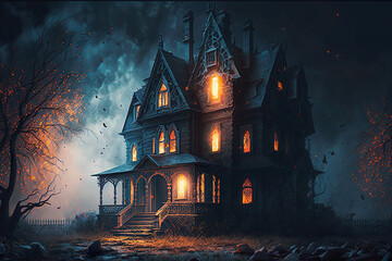 Fototapeta na wymiar Old gloomy house with glowing, glowing windows, halloween night. Generative AI