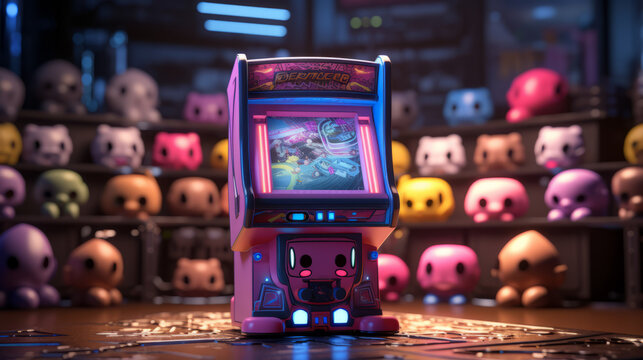 Retro video game arcade machine in middle of little monsters 90s style