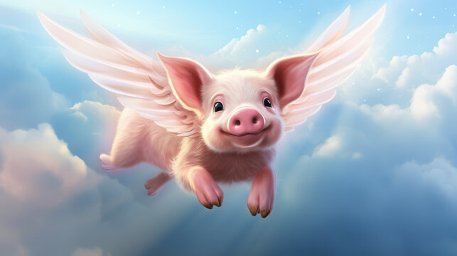Pink flying pig with wings above clouds in the sky