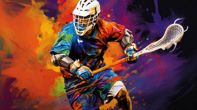 Painting of a Lacrosse player in an abstract vivid colors