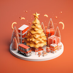 Gold Christmas tree with gift isometric design. Isometric view. Diorama Christmas Festival.Christmas isometric design illustration made with generative AI.
