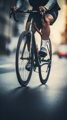 Fototapeta premium A cyclist's legs spin the pedals. Generative AI
