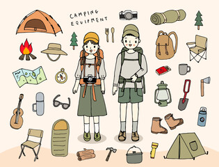 Backpacker couple, camping equipment, hand drawn style vector illustration